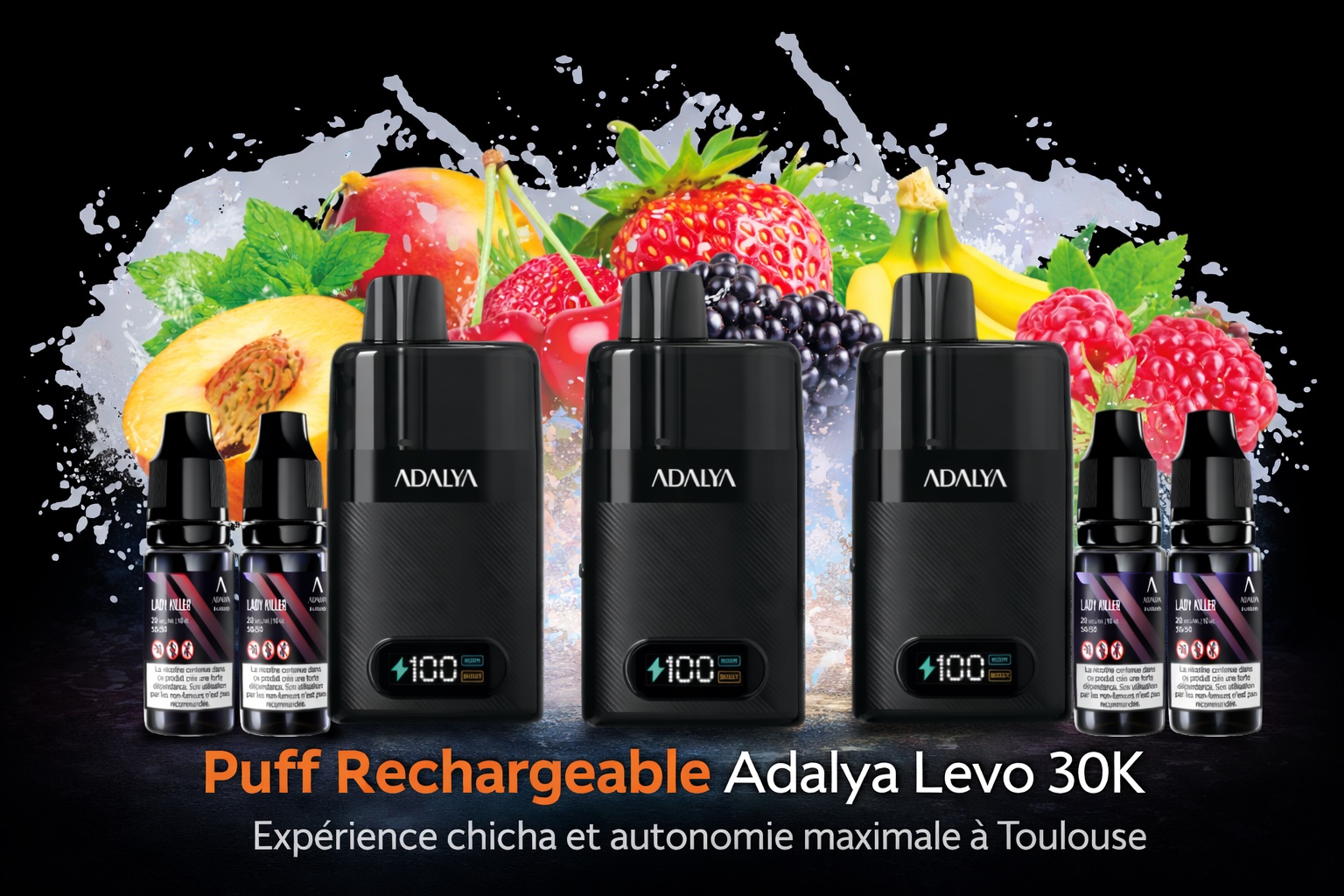 Puff Adalya Levo 30K Toulouse rechargeable avec e-liquides saveurs chicha